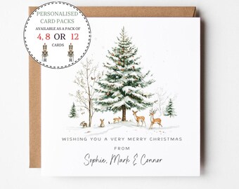 Personalised Woodland Animal & Pine Trees Card Multipack – Winter Forest Snow Scene - Customised Xmas Cards for Family Friends and Business