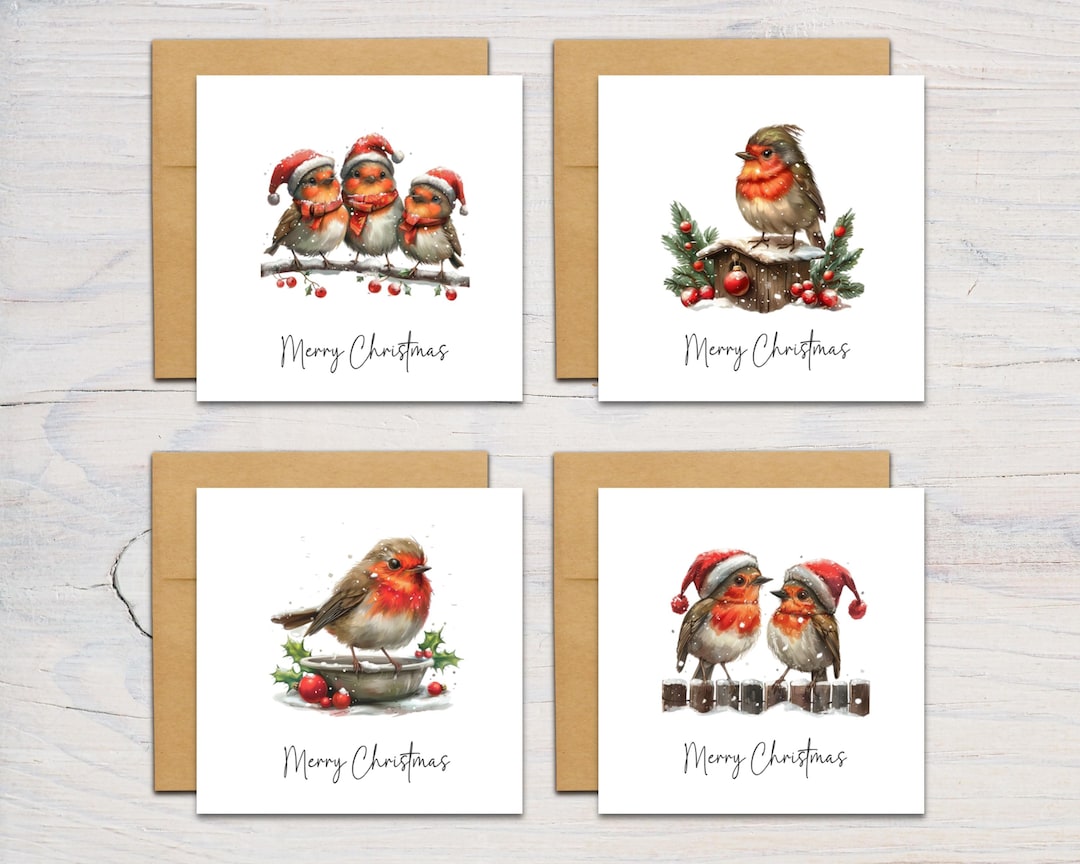 4 Pack Robin Christmas Cards, Cute Robin Redbreast Holiday Multipack ...