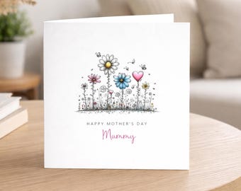 Personalised Mothering Sunday Card, Wildflower Card for Mum, Happy Mother's Day Floral Illustration Card