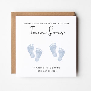 May include: Congratulations on the birth of your twin sons, Harry & Lewis, 12th March 2021. A card with a blue watercolour illustration of two sets of baby footprints.