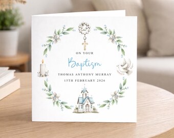 Personalised Christening Card for Boys, Blue Church Illustration and Floral Wreath, Gift for Confirmation and Baptism