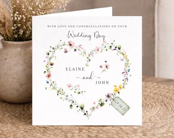 Personalised Wedding Card, Flower Heart Engagement Celebration, Floral Wreath Anniversary Congratulations