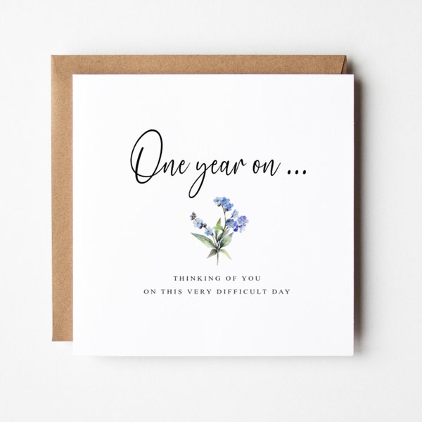 Forget-me-not Death Anniversary Card, One year on, Forget me not Memorial Card, Bereavement, Loss, Condolence, Grief, Sympathy, Remembrance