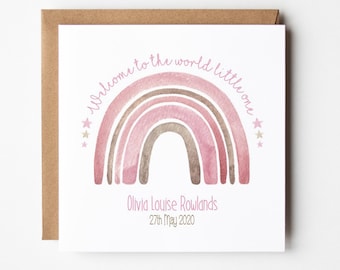 May include: A watercolor rainbow card with pink and brown hues, featuring the text "Welcome to the world little one" and the name "Olivia Louise Rowlands" with the date "27th May 2020".