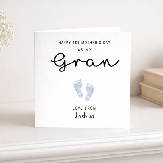 1st Mother's Day as Gran, Personalised Happy Mothering Sunday Card, Granny, Grandma, Grandmother, Nan, Nana, Baby Footprints