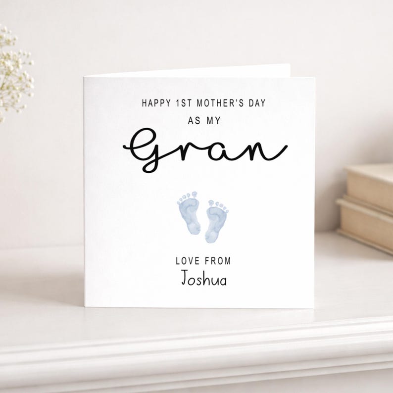 1st Mother's Day as Gran, Personalised Happy Mothering Sunday Card, Granny, Grandma, Grandmother, Nan, Nana, Baby Footprints afbeelding 1