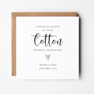 Cotton 2nd Wedding Anniversary Card, 2 years, Personalised Card, Cotton Anniversary Card, Cotton, Anniversary, Happy Couple, 2 Years Married