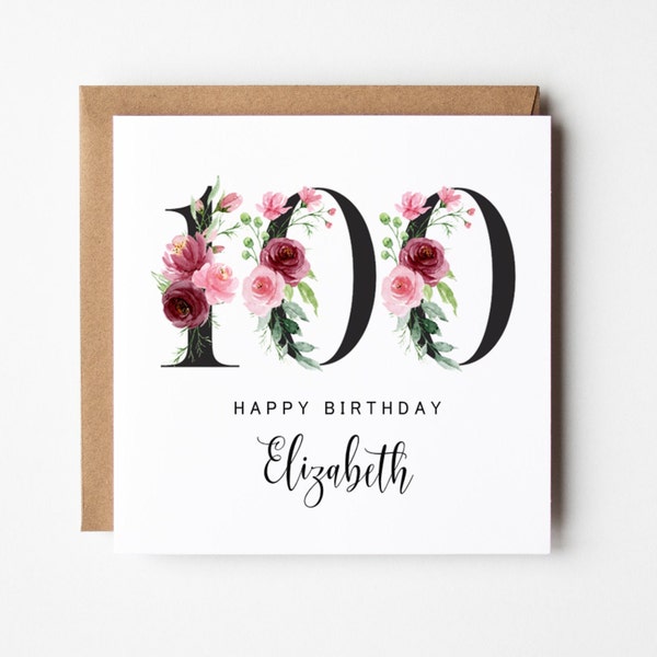 100th Birthday Card, Centenarian, Floral Numbers, Milestone, Happy 100th, One Hundred, Monogram, Floral, Mum, Sister, Grandma, Friend, Nan