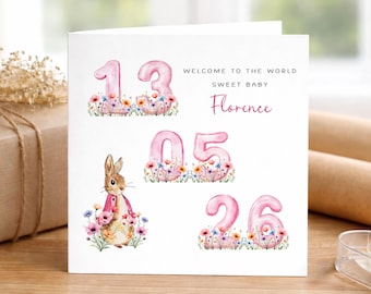 Personalised Peter Rabbit Keepsake Card for New Baby - Birth Congratulations - Flopsy Bunny Newborn Gift with Custom Wildflower Birthdate