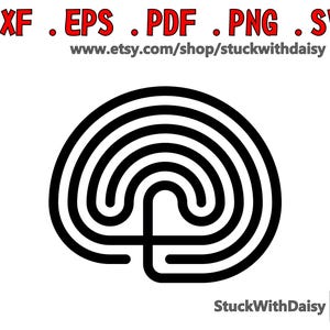 May include: Black and white line art illustration of a labyrinth or maze design. The design is a circular shape with a central opening and multiple concentric circles.