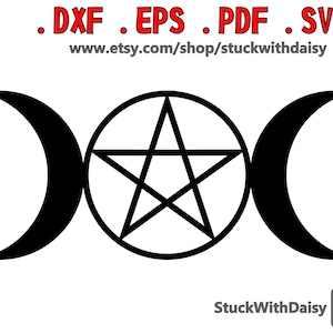 Puede incluir: Una ilustración en blanco y negro de un símbolo de triple luna con un pentagrama en el centro.