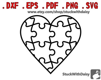 Puzzle jigsaw corazón digital descarga vector cricut cameo dxf eps pdf svg corte silueta de archivo autismo autista