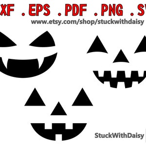 May include: Three black and white pumpkin carving stencils. The first stencil is a vampire face with fangs. The second stencil is a smiling face with two eyes and a wide mouth. The third stencil is a simple smiling face with two eyes and a small mouth.