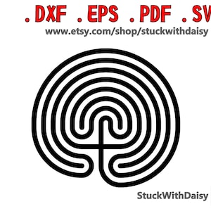 Peut inclure: Conception de labyrinthe circulaire noir et blanc avec sept cercles concentriques. Le centre du labyrinthe a une ouverture arrondie en forme de U.