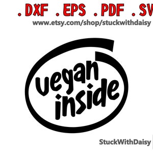 Puede incluir: Diseño gráfico en blanco y negro de un círculo con el texto "vegan inside" en una fuente estilizada.