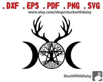 Triple Luna Pentáculo Árbol de la Vida con Astas Diosa Lunar descarga digital vector cricut cameo dxf eps pdf svg corte archivo silueta Asta