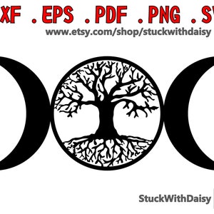 Peut inclure: Illustration en noir et blanc d'un arbre de vie avec des racines et des branches, entouré de deux croissants de lune. Le motif est un symbole populaire de croissance, de connexion et de spiritualité.