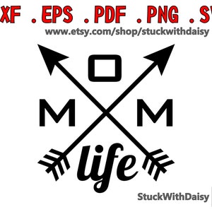 May include: Black and white graphic design with two arrows crossing each other. The arrows have arrowheads. The text "MOM life" is written in a bold, cursive font. The text "StuckWithDaisy" is written in a smaller font below the graphic.