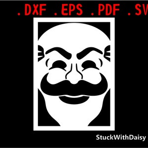 May include: Black and white silhouette of a man's face with a mustache and a serious expression. The face is inside a white square with the text "StuckWithDaisy" below it.