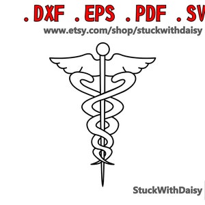 Peut inclure: Un dessin au trait noir et blanc du symbole médical, le bâton d'Asclépios, qui représente un serpent enroulé autour d'un bâton avec une seule aile de chaque côté.