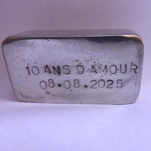 Pequeño lingote de plata en peltre para personalizar, regalo para 10 años de matrimonio, cumpleaños, nacimiento.