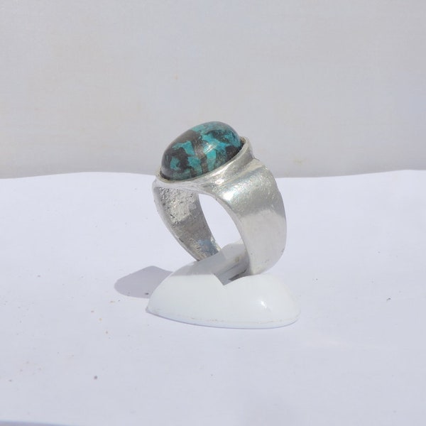 Bague pour homme en chrysocolle,pierre naturelle bleu ,chevalière,grosse bague ,bijoux fait main