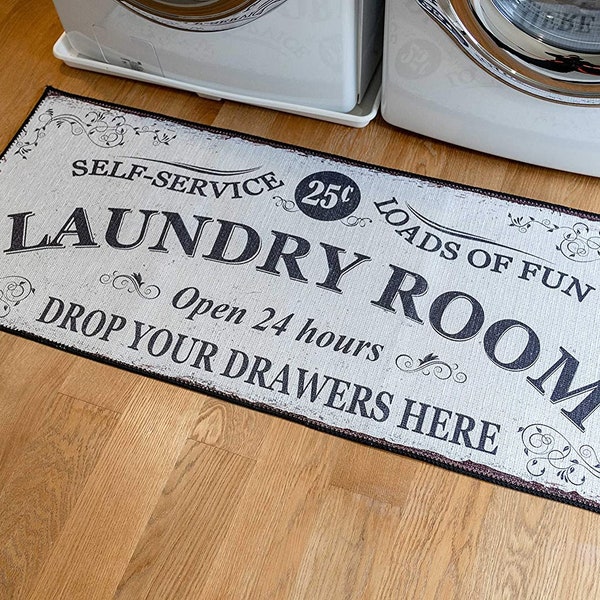 DRAW - Soft Woven Rugs, 24x56 Laundry Room Rug, Funny Non Skid Rubber Area Rugs, 85% Cotton, Machine Washable, Runner Floor Mat for Washroom