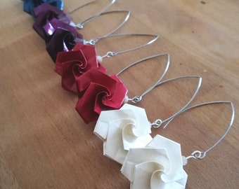 Boucles d'oreilles roses origami grands crochets, roses papier origami grands crochets, bijoux mariage