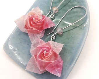 Boucles d'oreilles roses origami papier calque, roses origami grand crochet