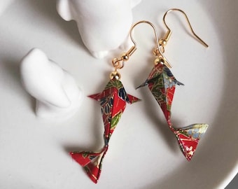 Boucles d'oreilles origami, carpes koi origami papier washi rouge, bijou origami papier washi