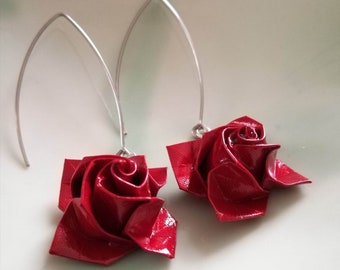 Boucles d'oreilles roses origami papier rouge, roses origami papier rouge vif, fleur origami rouge, boucles d'oreilles grands crochets