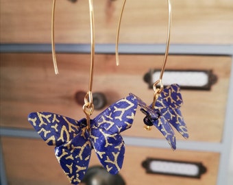 Earrings butterflies origami, butterflies origami blue and gold large hook