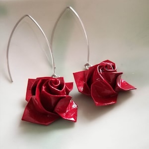 Red paper origami rose earrings, bright red paper origami roses, red origami flower, large hook earrings