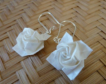 Origami earrings, origami Pink Pearl, pink paper, wedding, pink earrings Ivory Pearl, paper flowers