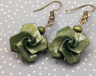 Earrings origami small green roses, origami roses olive green metallic paper