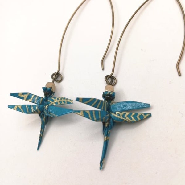 Boucles d'oreilles origami libellules papier turquoise, libellules origami papier turquoise