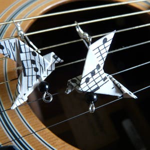 Origami earrings, origami dove, origami bird, music jewelry, paper jewelry, paper bird,