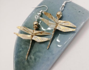 Origami earrings dragonflies white paper and gold, dragonflies origami, jewel dragonfly