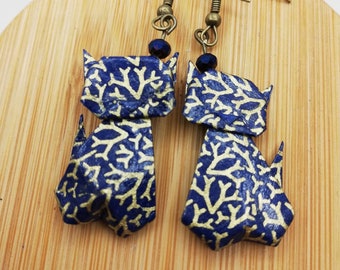 Boucles d'oreilles origami chats papier bleu et or, bijoux chats origami