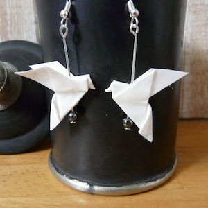 Origami earrings, pearlescent origami doves, origami bird, paper bird, pearly white jewel, tracing paper jewel