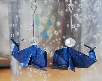 Blue whale origami paper, origami whale earrings, origami whale jewel