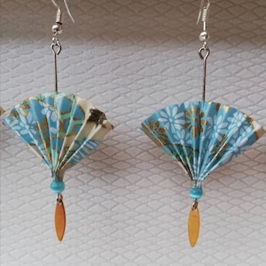 Blue and gold Japanese washi paper origami fans, washi paper origami earrings fans