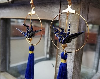 Origami earrings blue and gold Creole cranes, blue and gold origami pompoms