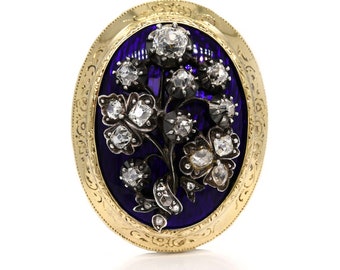 Antique 4.00 ct old mine cut diamond Giardinetto brooch/ pendant with Guilloche enamel