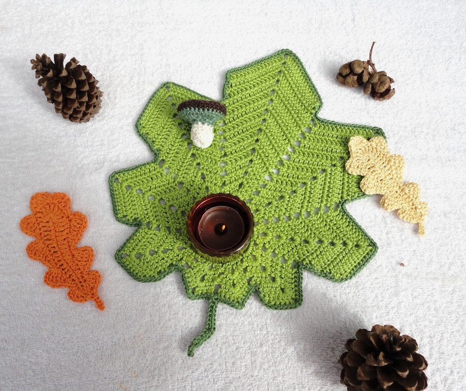 Napperon Vert Au Crochet, Feuille Érable Automne en Coton avec Champignon et 2 Feuilles Chêne