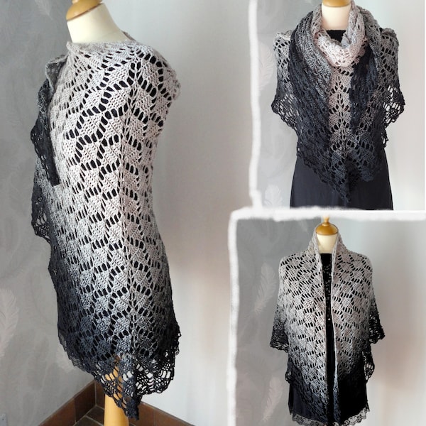Grand châle triangulaire au crochet, motif losange feuille dégradé gris taupe gris foncé noir acrylique et coton