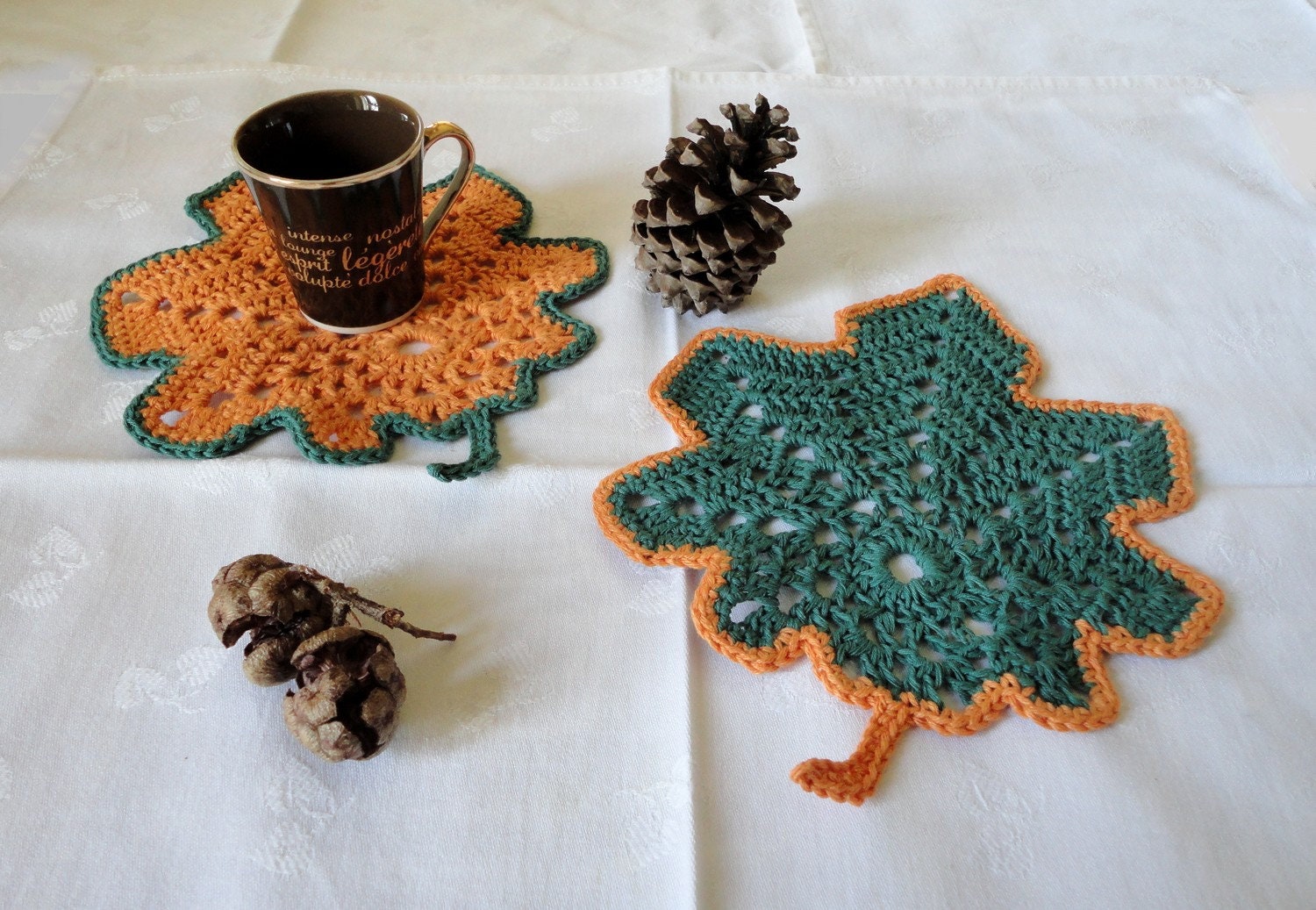 2 Sous-Tasse Au Crochet Orange et Vert/Napperon Motif Feuille Érable Sous-Verre Coton