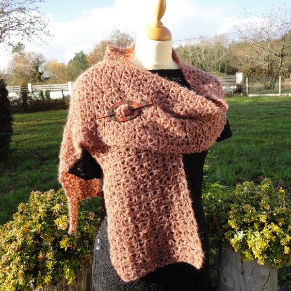 Echarpe fait main au crochet marron tour de cou snood mohair acrylique