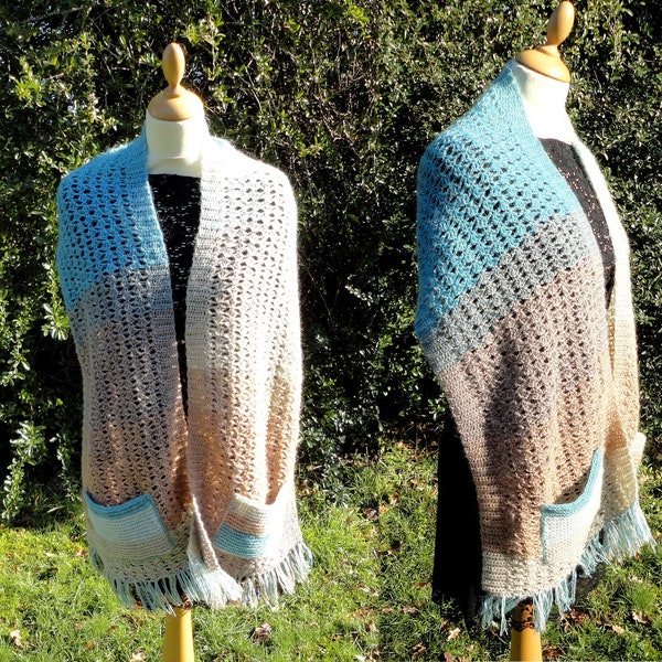 Etole, écharpe mohair laine avec poches et franges au crochet / beige marron écru bleu / femme / hiver