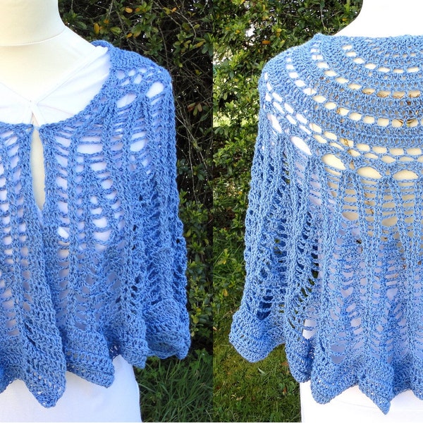 Châle au crochet bleu / été printemps / chauffe épaules, pèlerine, écharpe, étole / motif demi-lune géométrique